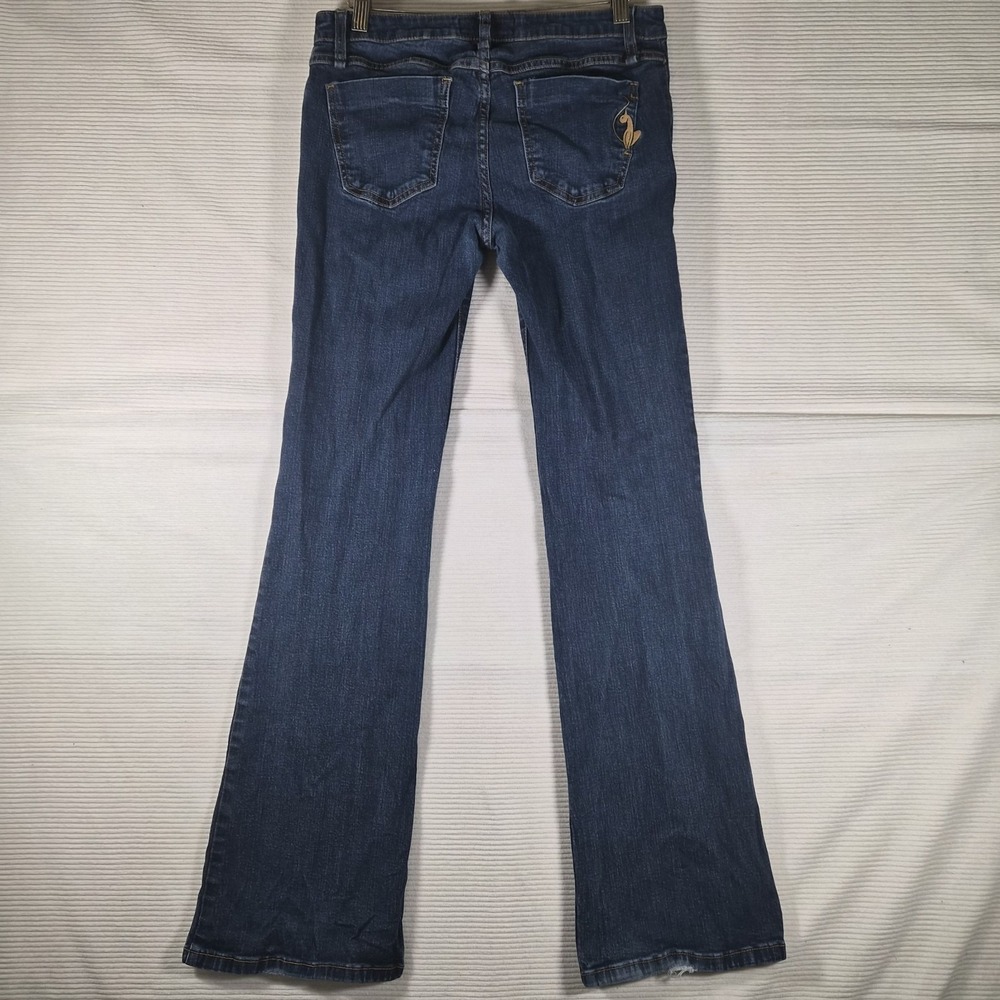 Y2K Women's Bootcut Jeans Low Rise Dark Wash Stretch Size‎ 9 Cat Logo Baby